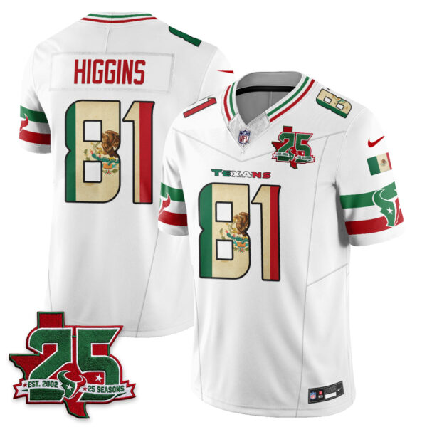 Houston Texans Jayden Higgins 25 Seasons Mexico Style Vapor Jersey - All Stitched - White