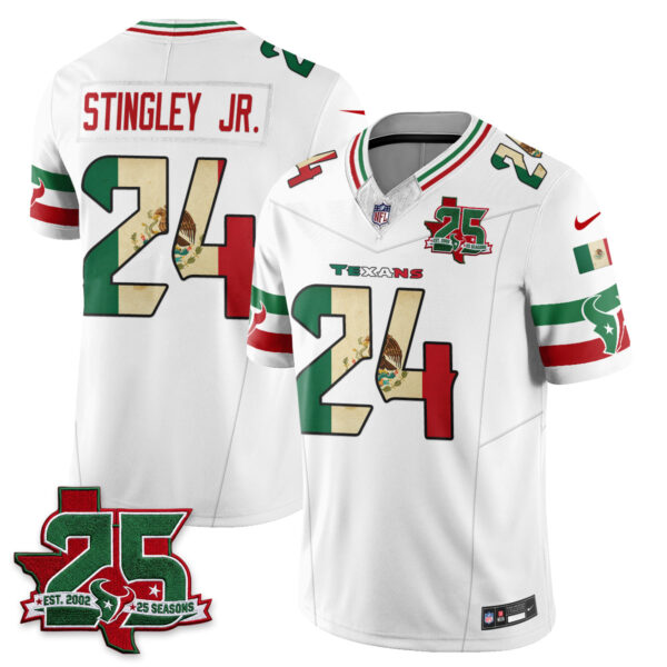 Houston Texans Derek Stingley Jr. 25 Seasons Mexico Style Vapor Jersey - All Stitched - White