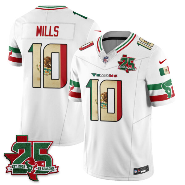 Houston Texans Davis Mills 25 Seasons Mexico Style Vapor Jersey - All Stitched - White