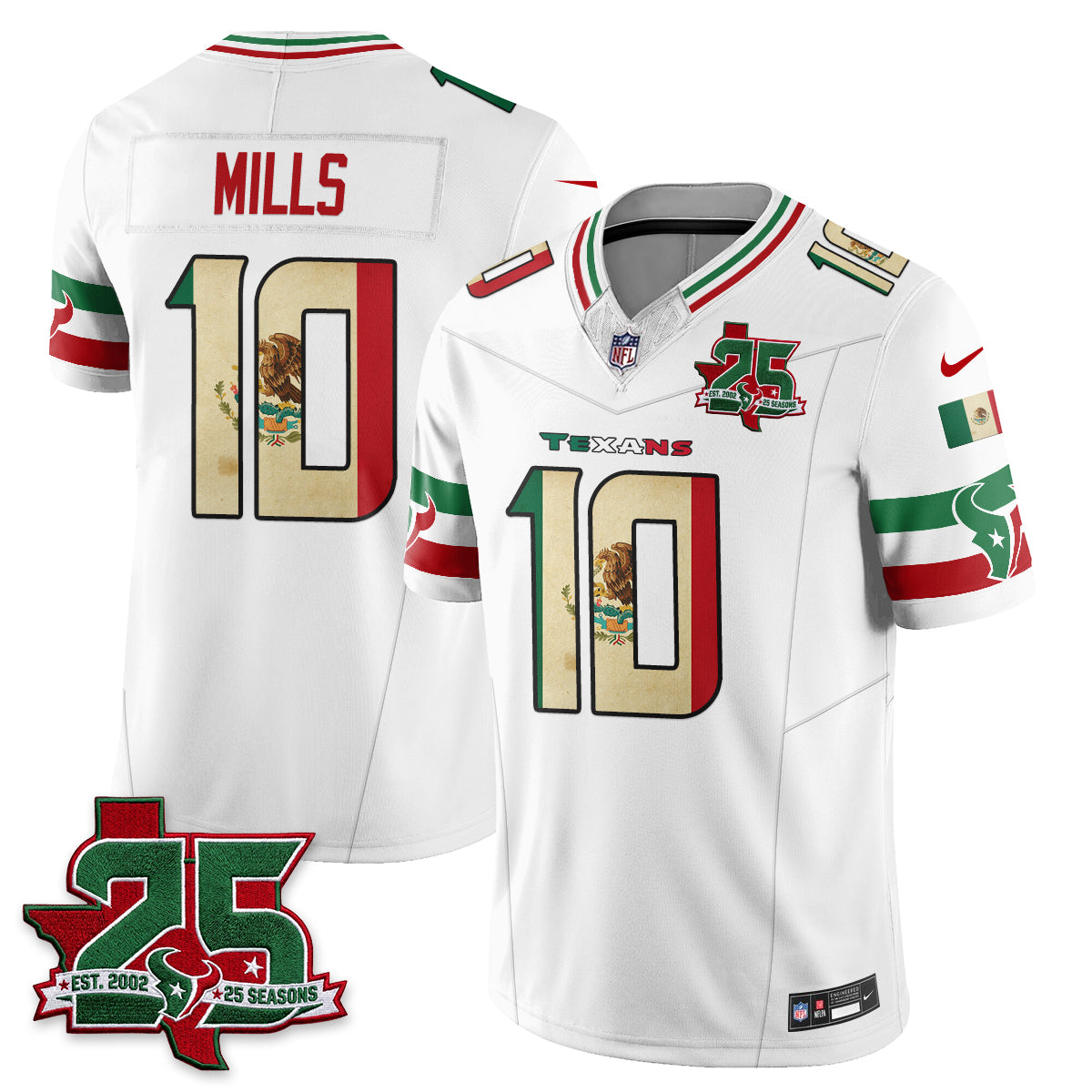Houston Texans Davis Mills 25 Seasons Mexico Style Vapor Jersey - All Stitched - White
