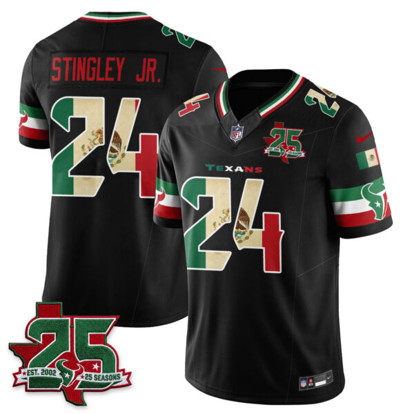 Houston Texans Derek Stingley Jr. 25 Seasons Mexico Style Vapor Jersey - All Stitched - Black
