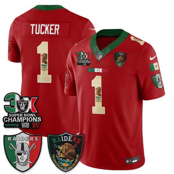 Las Vegas Raiders Tre Tucker 3X Champs Mexico Edition Vapor Jersey - All Stitched - Red