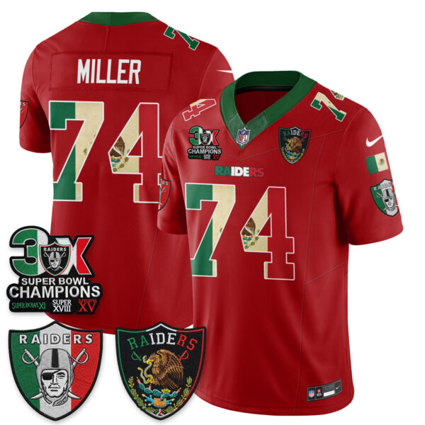 Las Vegas Raiders Kolton Miller 3X Champs Mexico Edition Vapor Jersey - All Stitched - Red