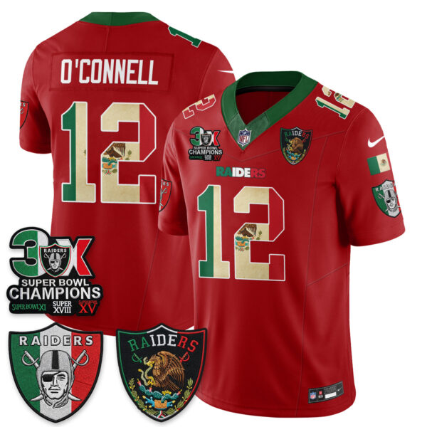 Las Vegas Raiders Aidan O'Connell 3X Champs Mexico Edition Vapor Jersey - All Stitched - Red