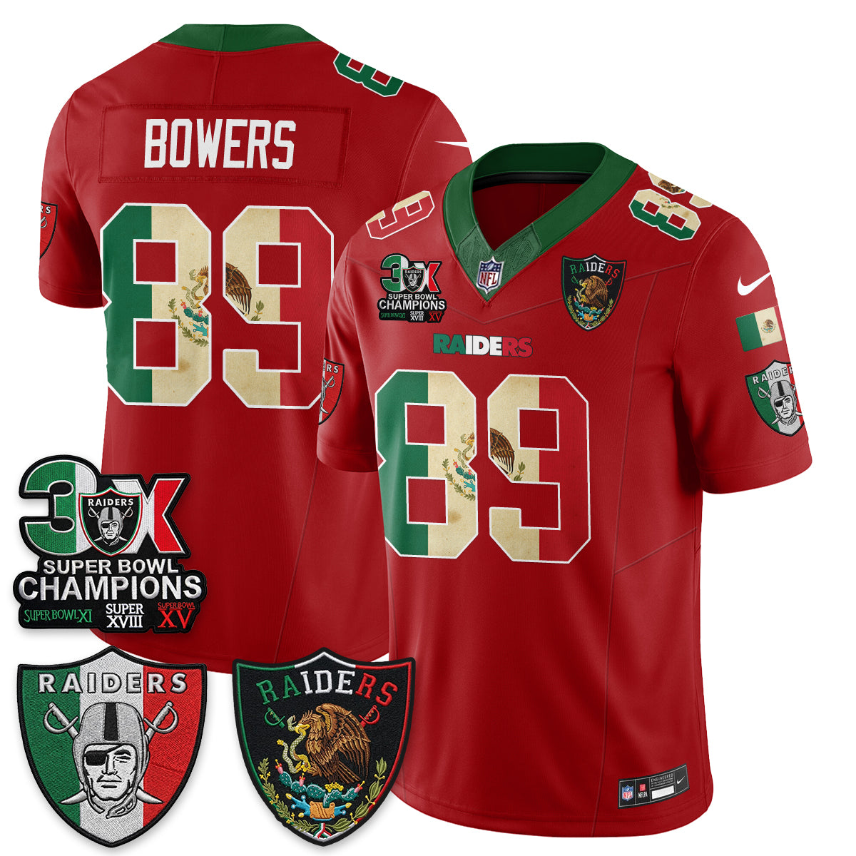 Las Vegas Raiders Brock Bowers 3X Champs Mexico Edition Vapor Jersey - All Stitched - Red