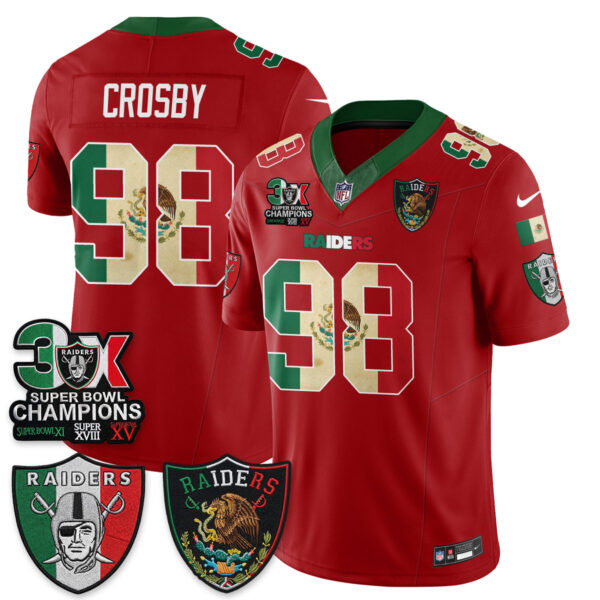 Las Vegas Raiders Maxx Crosby 3X Champs Mexico Edition Vapor Jersey - All Stitched - Red