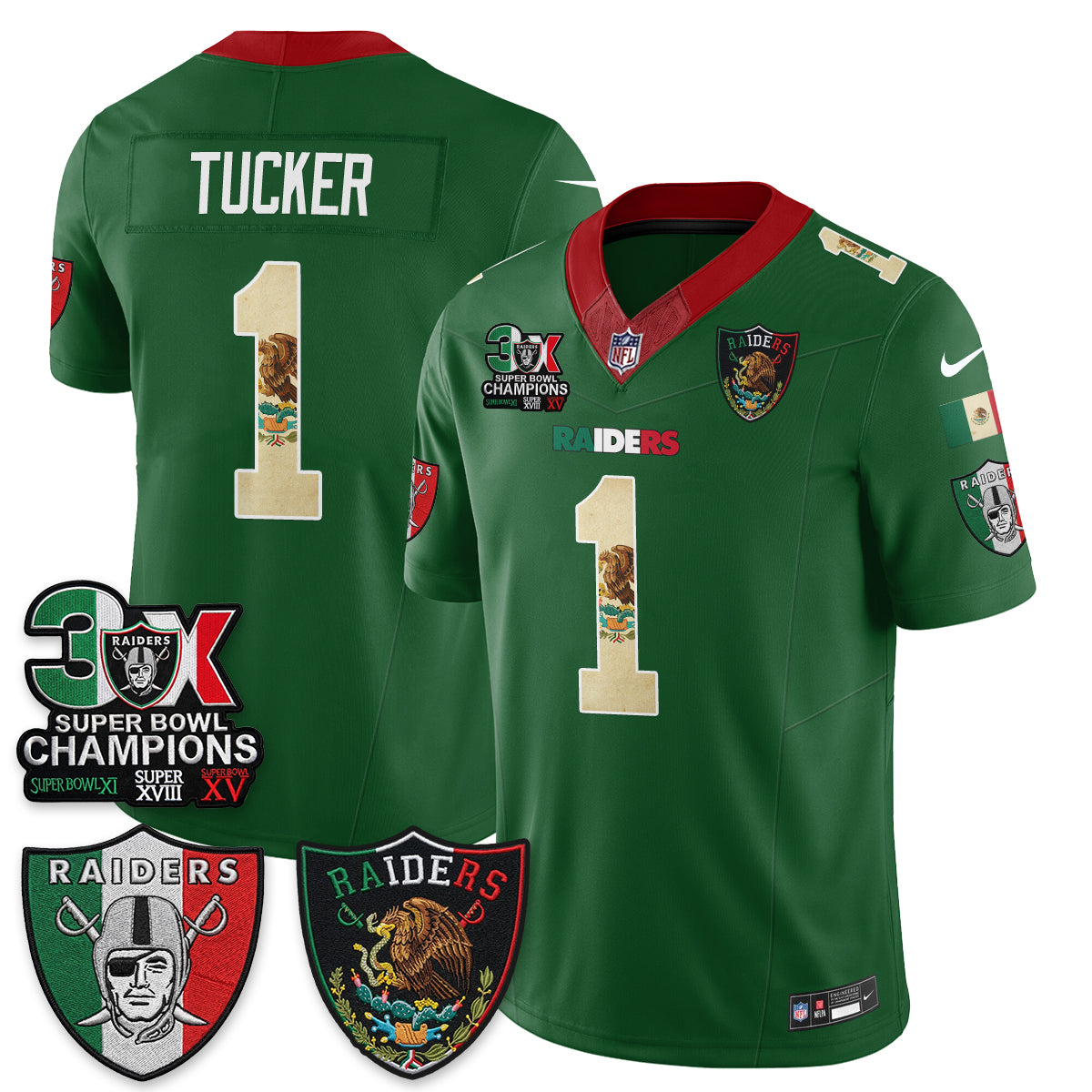 Las Vegas Raiders Tre Tucker 3X Champs Mexico Edition Vapor Jersey - All Stitched - Green