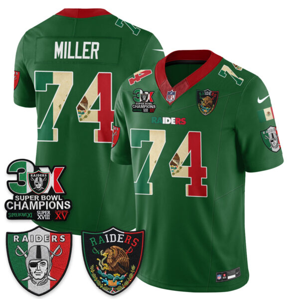 Las Vegas Raiders Kolton Miller 3X Champs Mexico Edition Vapor Jersey - All Stitched - Green
