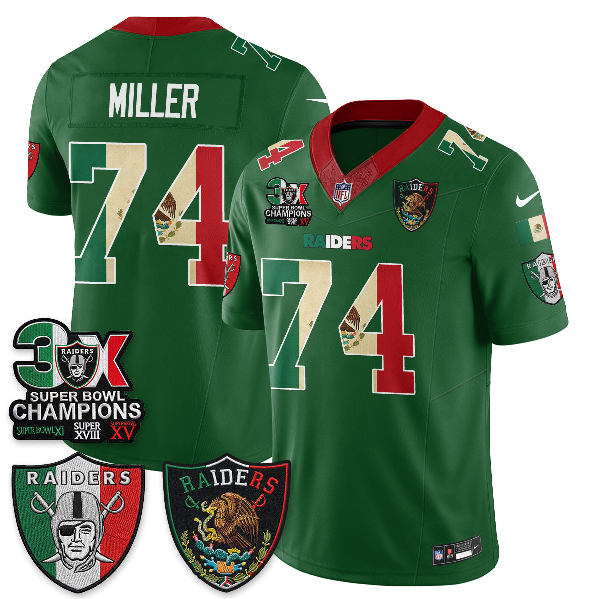 Las Vegas Raiders Kolton Miller 3X Champs Mexico Edition Vapor Jersey - All Stitched - Green