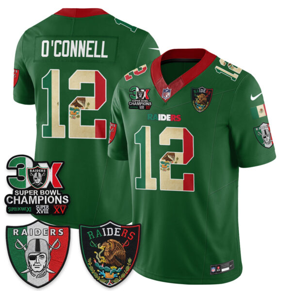 Las Vegas Raiders Aidan O'Connell 3X Champs Mexico Edition Vapor Jersey - All Stitched - Green