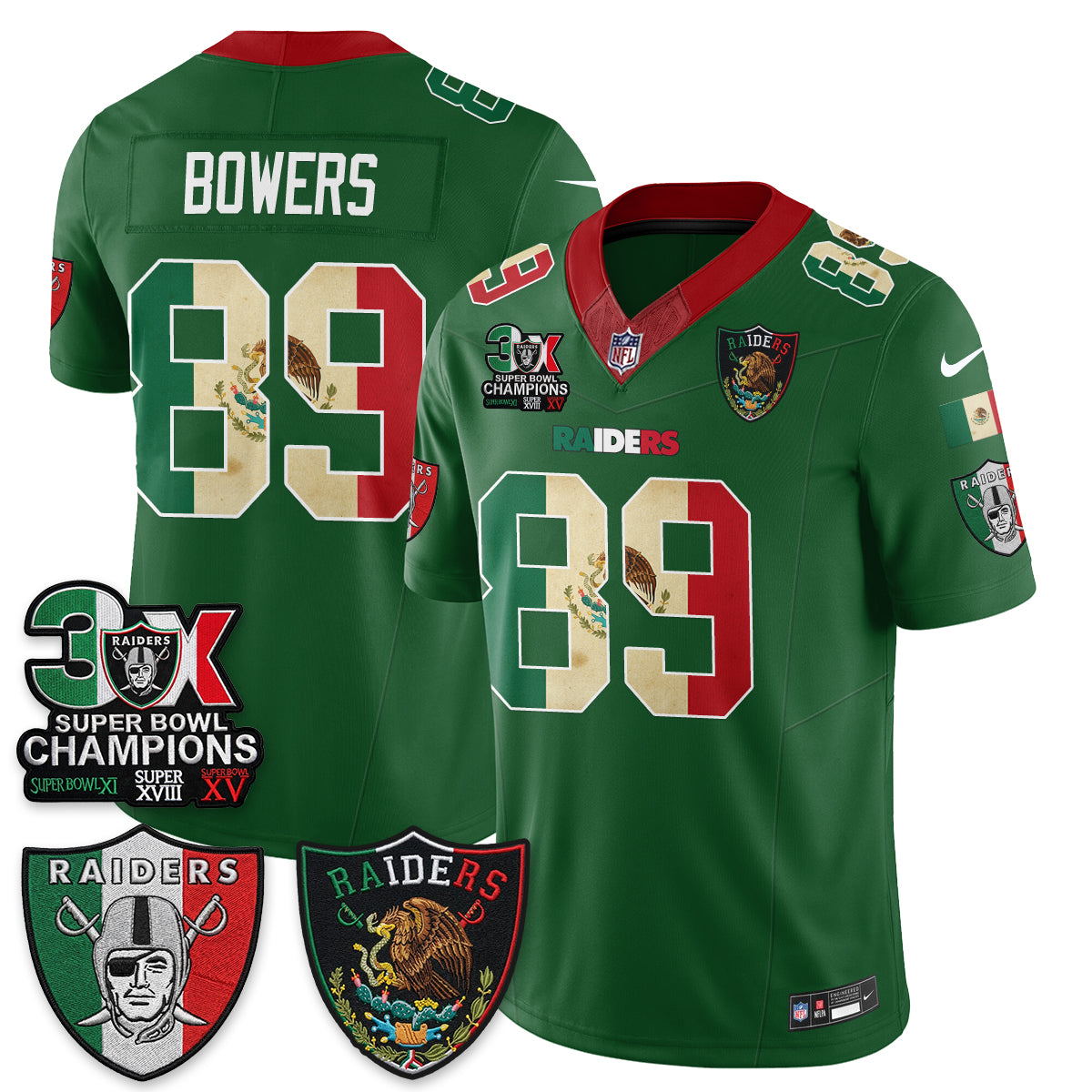 Las Vegas Raiders Brock Bowers 3X Champs Mexico Edition Vapor Jersey - All Stitched - Green