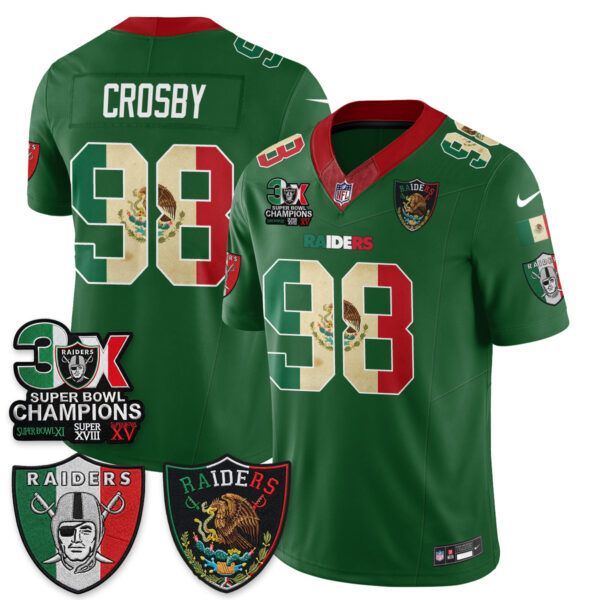 Las Vegas Raiders Maxx Crosby 3X Champs Mexico Edition Vapor Jersey - All Stitched - Green