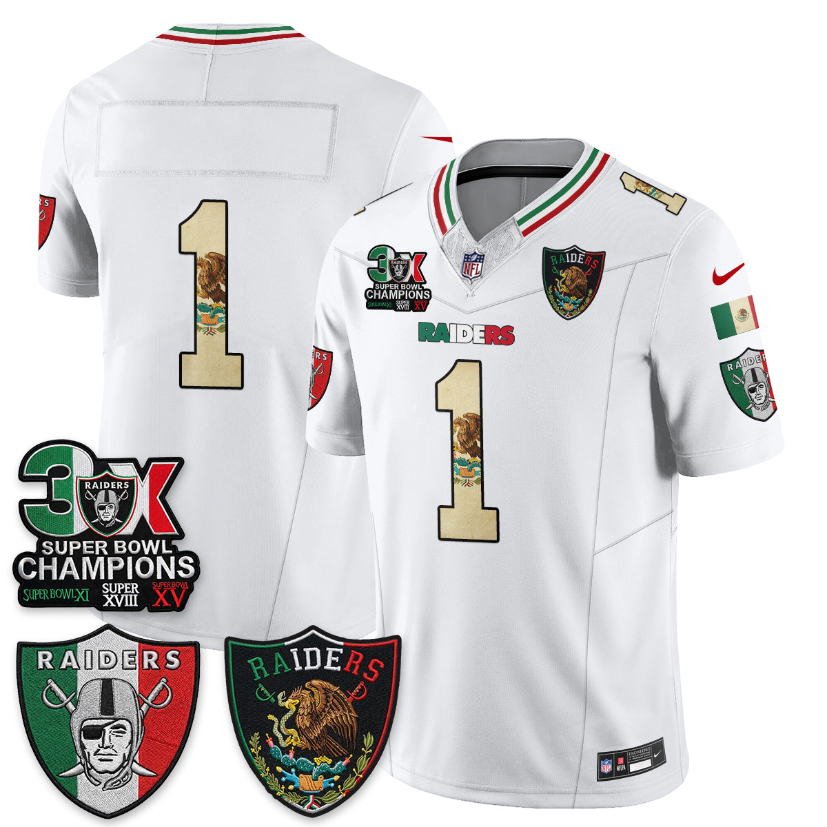 Las Vegas Raiders Team 3X Champs Mexico Edition Vapor Jersey - All Stitched - White