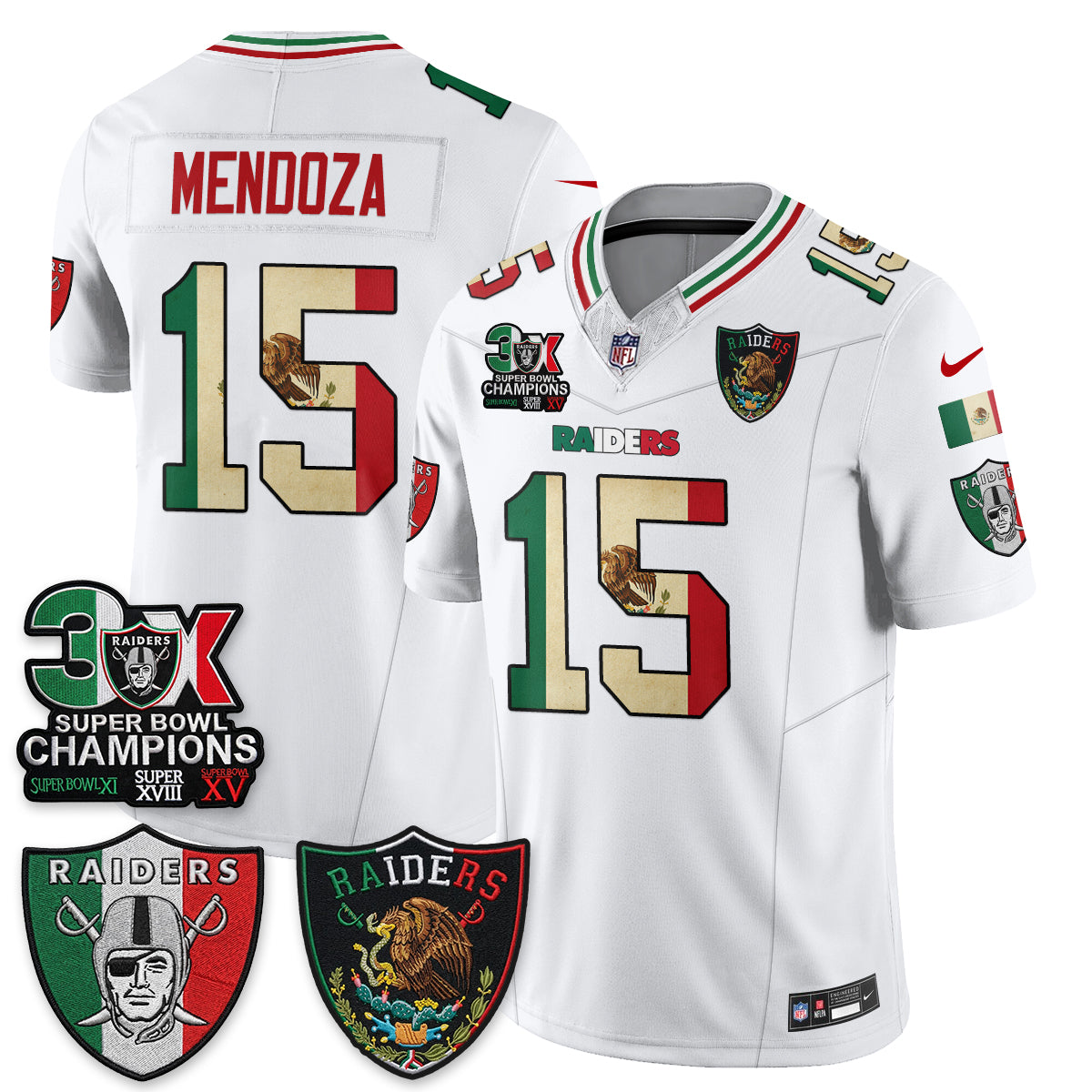 Las Vegas Raiders Fernando Mendoza 3X Champs Mexico Edition Vapor Jersey - All Stitched - White