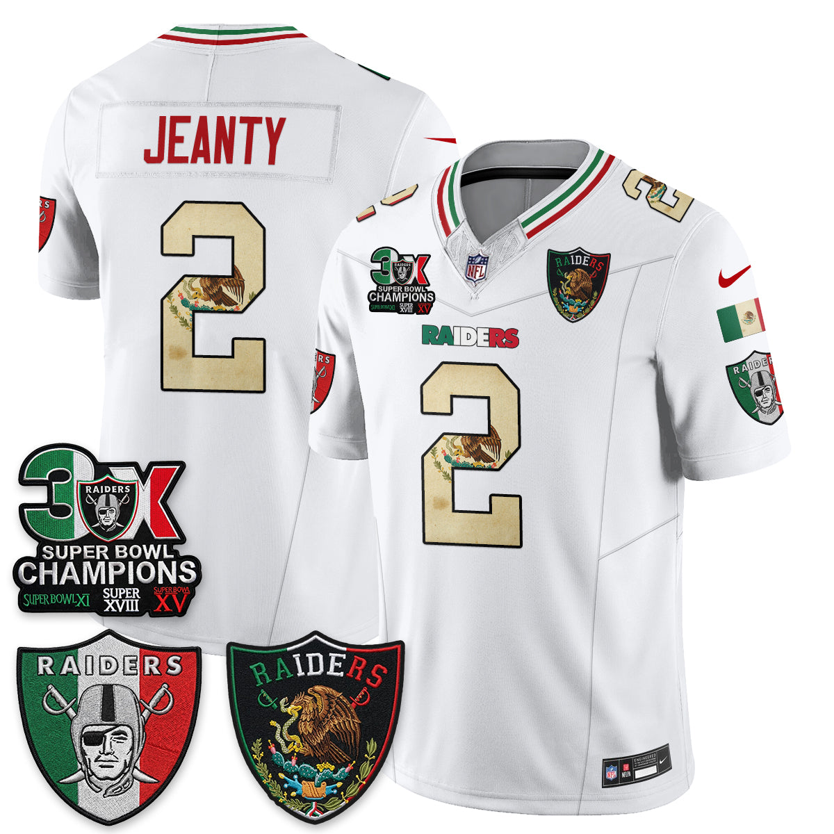 Las Vegas Raiders Ashton Jeanty 3X Champs Mexico Edition Vapor Jersey - All Stitched - White