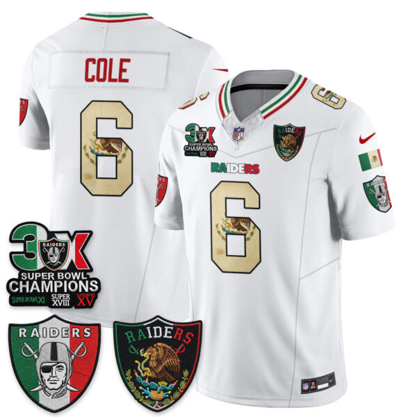 Las Vegas Raiders AJ Cole 3X Champs Mexico Edition Vapor Jersey - All Stitched - White