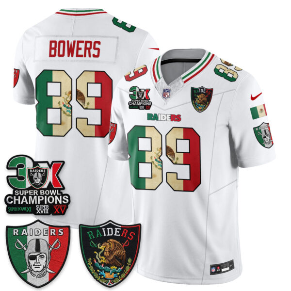 Las Vegas Raiders Brock Bowers 3X Champs Mexico Edition Vapor Jersey - All Stitched - White