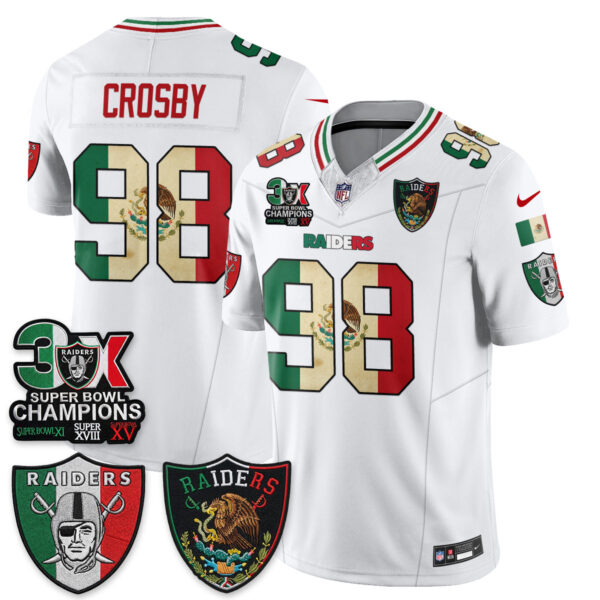 Las Vegas Raiders Maxx Crosby 3X Champs Mexico Edition Vapor Jersey - All Stitched - White