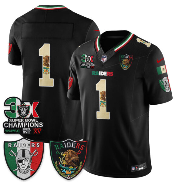 Las Vegas Raiders Team 3X Champs Mexico Edition Vapor Jersey - All Stitched - Black