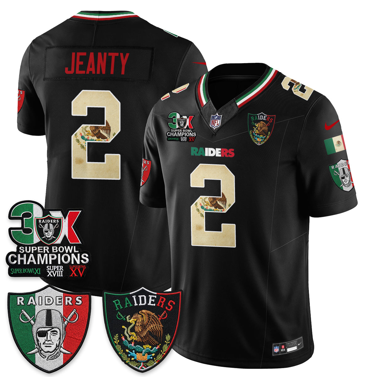 Las Vegas Raiders Ashton Jeanty 3X Champs Mexico Edition Vapor Jersey - All Stitched - Black