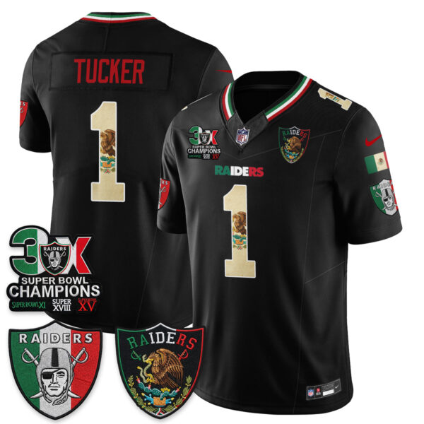 Las Vegas Raiders Tre Tucker 3X Champs Mexico Edition Vapor Jersey - All Stitched - Black