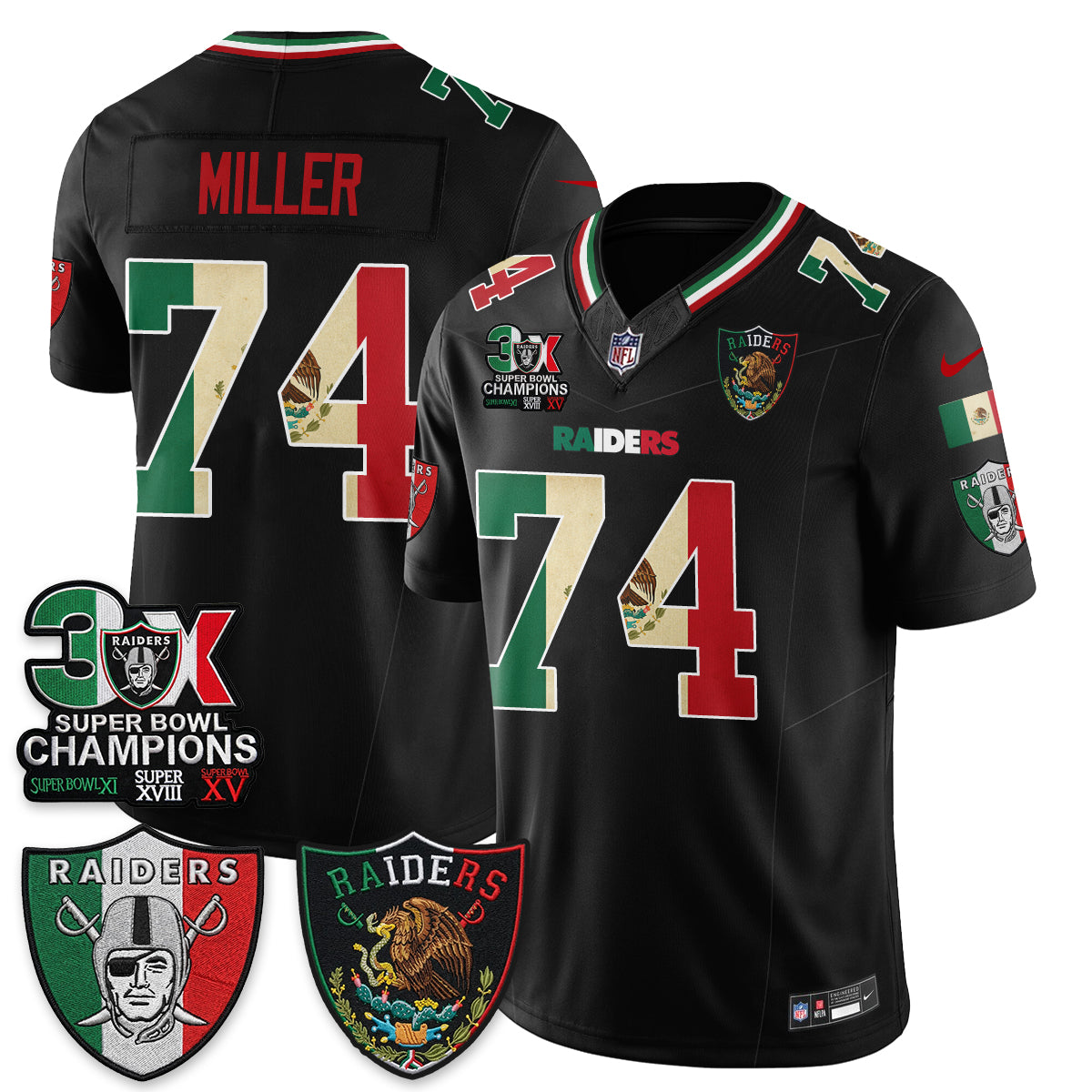 Las Vegas Raiders Kolton Miller 3X Champs Mexico Edition Vapor Jersey - All Stitched - Black