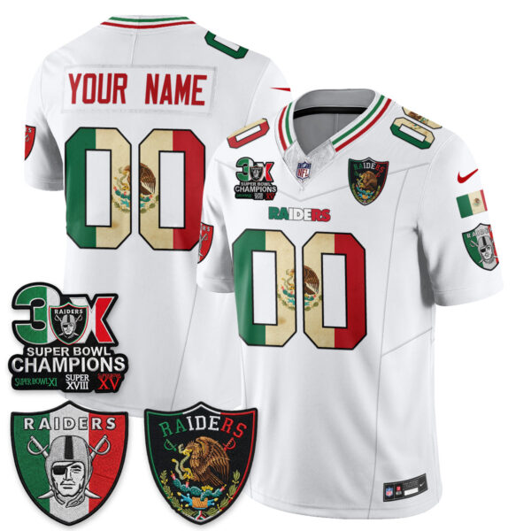 Las Vegas Raiders 3X Champs Mexico Edition Vapor Custom Jersey - All Stitched - White
