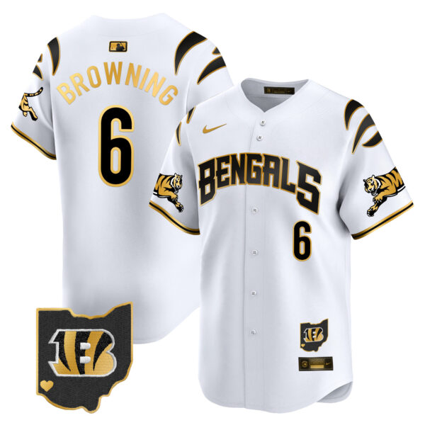 Cincinnati Bengals Jake Browning Vapor Premier Limited Baseball Jersey - All Stitched - White Gold
