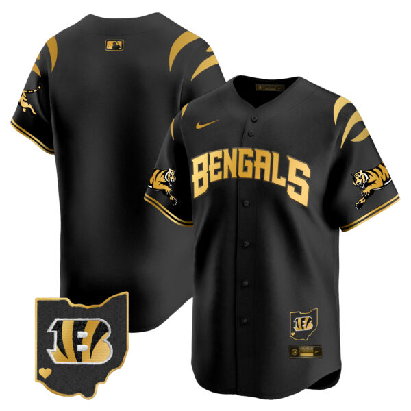 Cincinnati Bengals #1 Team Vapor Premier Limited Baseball Jersey - All Stitched - Black Gold
