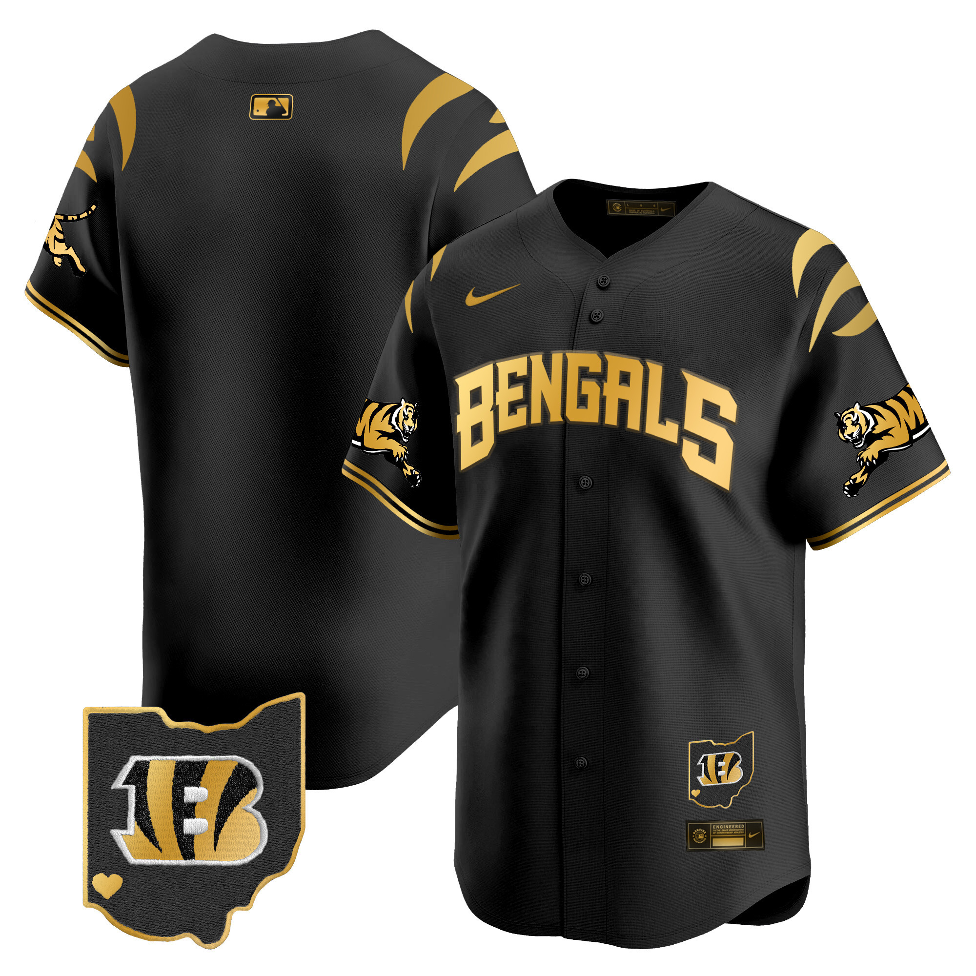 Cincinnati Bengals #1 Team Vapor Premier Limited Baseball Jersey - All Stitched - Black Gold