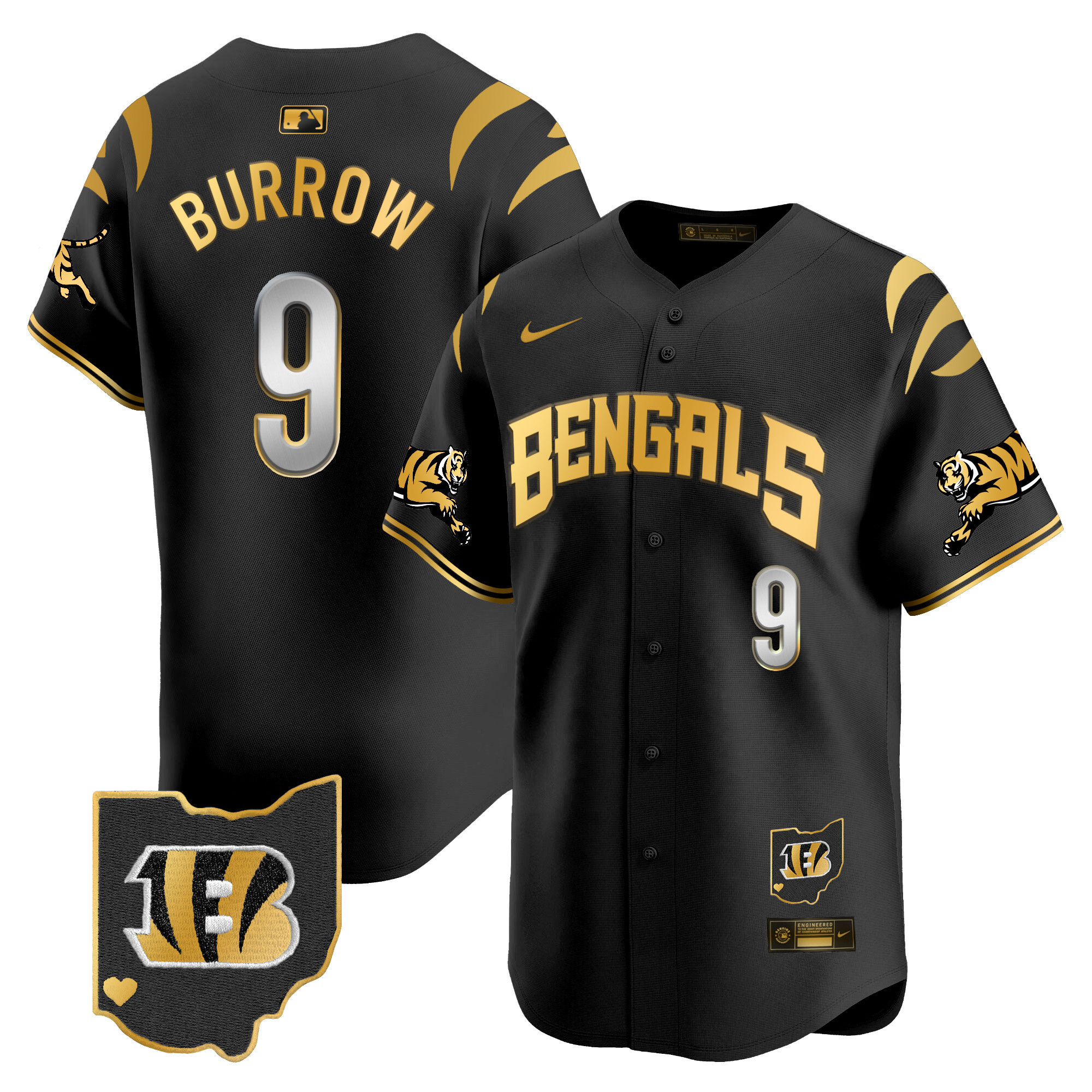 Cincinnati Bengals Joe Burrow Vapor Premier Limited Baseball Jersey - All Stitched - Black Gold