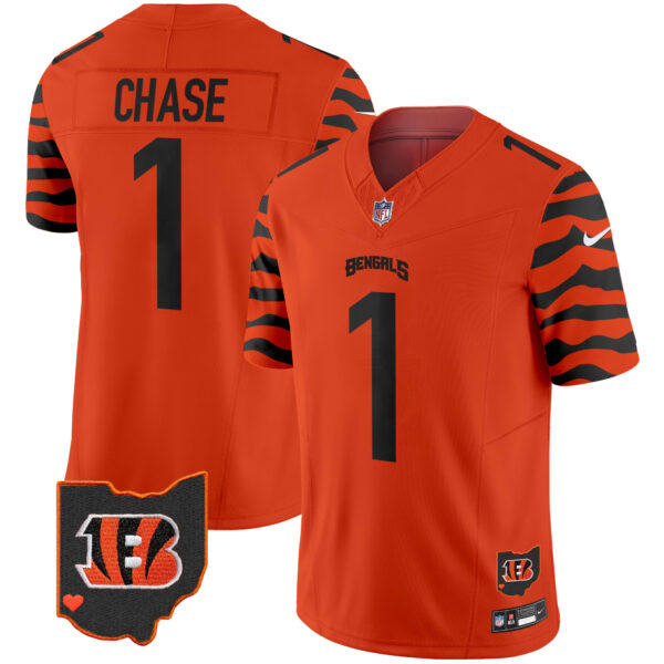 Cincinnati Bengals Ja'Marr Chase Stripes Vapor Limited Jersey - All Stitched - Orange