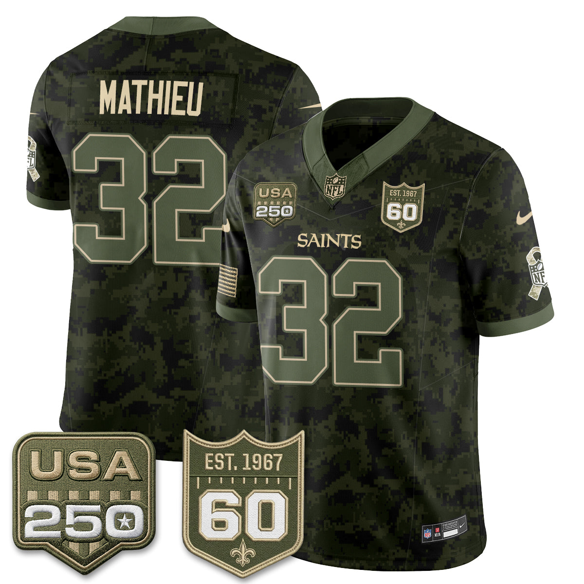 New Orleans Saints Tyrann Mathieu 2026 Salute to Service Vapor Jersey - All Stitched - Camo