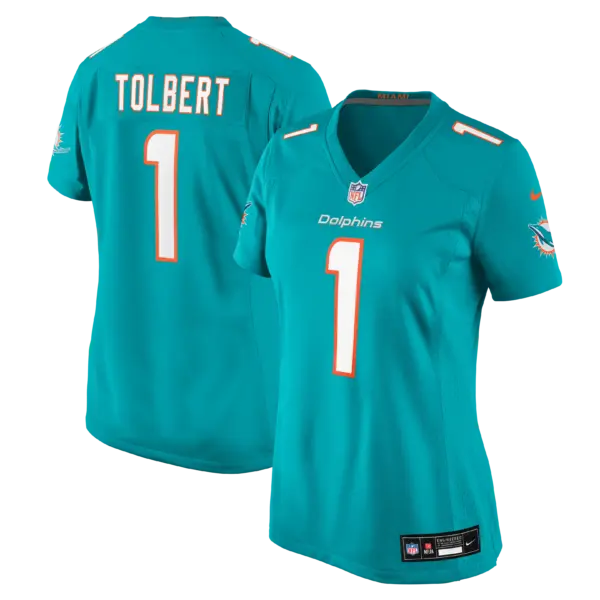 Women's Miami Dolphins Jalen Tolbert Vapor Limited Jersey - All Stitched - Aqua