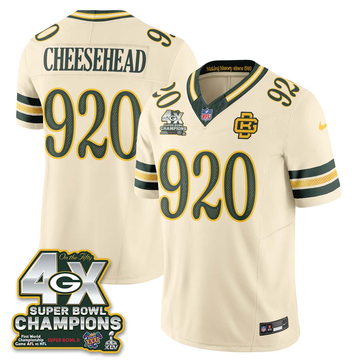 Green Bay Packers Cheesehead 2026 Rivalries 4X Champs Vapor Jersey - All Stitched - Cream