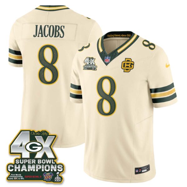 Green Bay Packers Josh Jacobs 2026 Rivalries 4X Champs Vapor Jersey - All Stitched - Cream