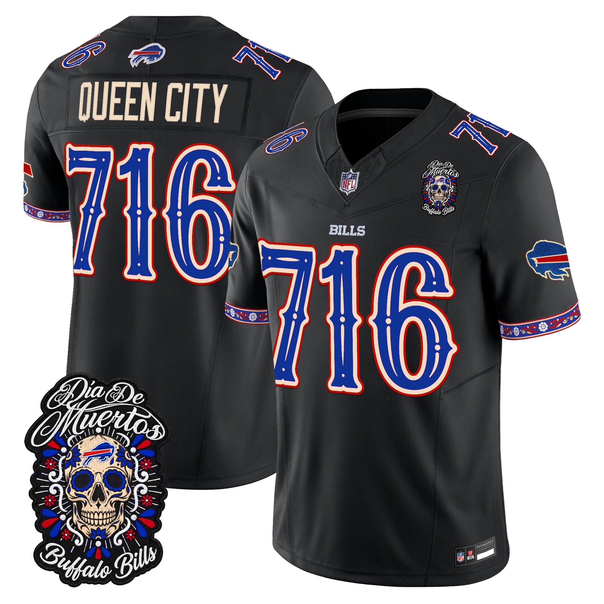 Buffalo Bills Queen City 716 Dia de los Muertos Vapor Limited Jersey - All Stitched - Black