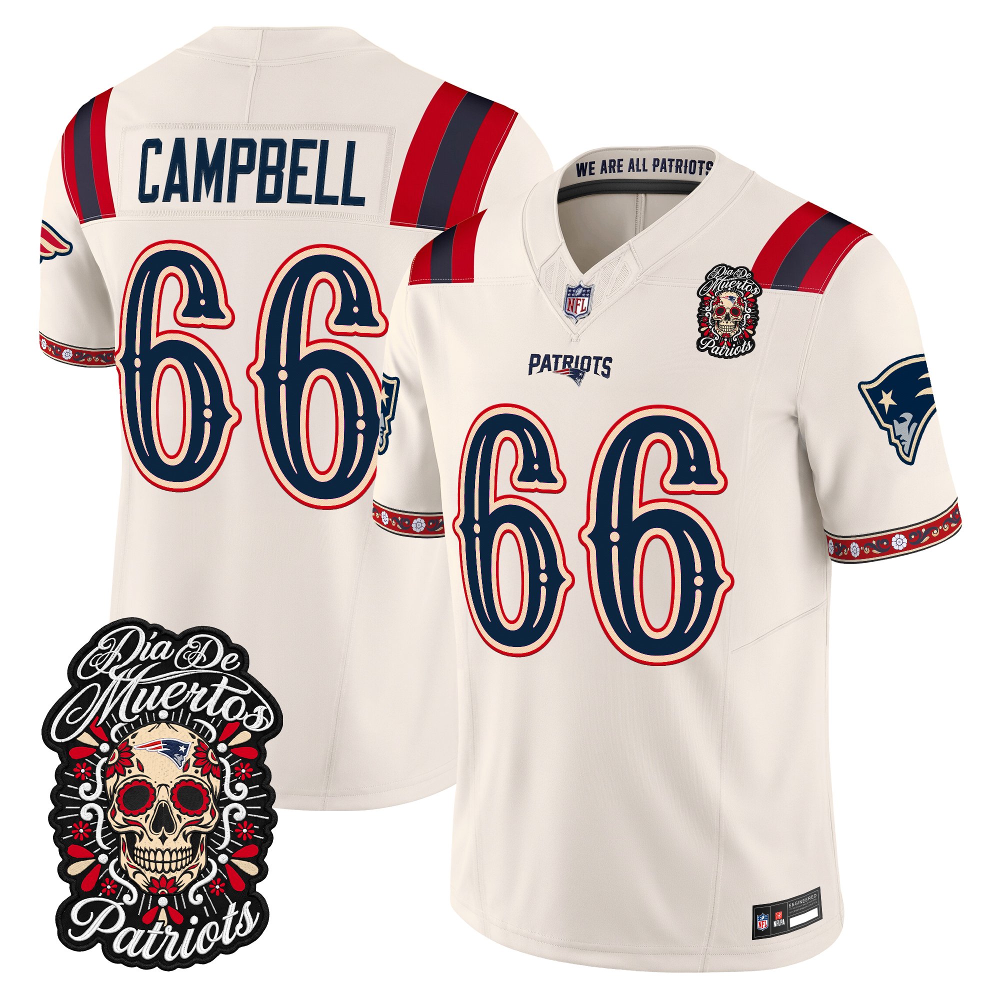 New England Patriots Will Campbell Dia de los Muertos Vapor Limited Jersey - All Stitched - Bone