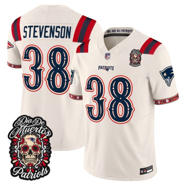 New England Patriots Rhamondre Stevenson Dia de los Muertos Vapor Limited Jersey - All Stitched - Bone