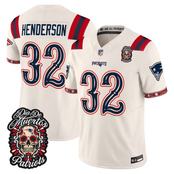 New England Patriots TreVeyon Henderson Dia de los Muertos Vapor Limited Jersey - All Stitched - Bone