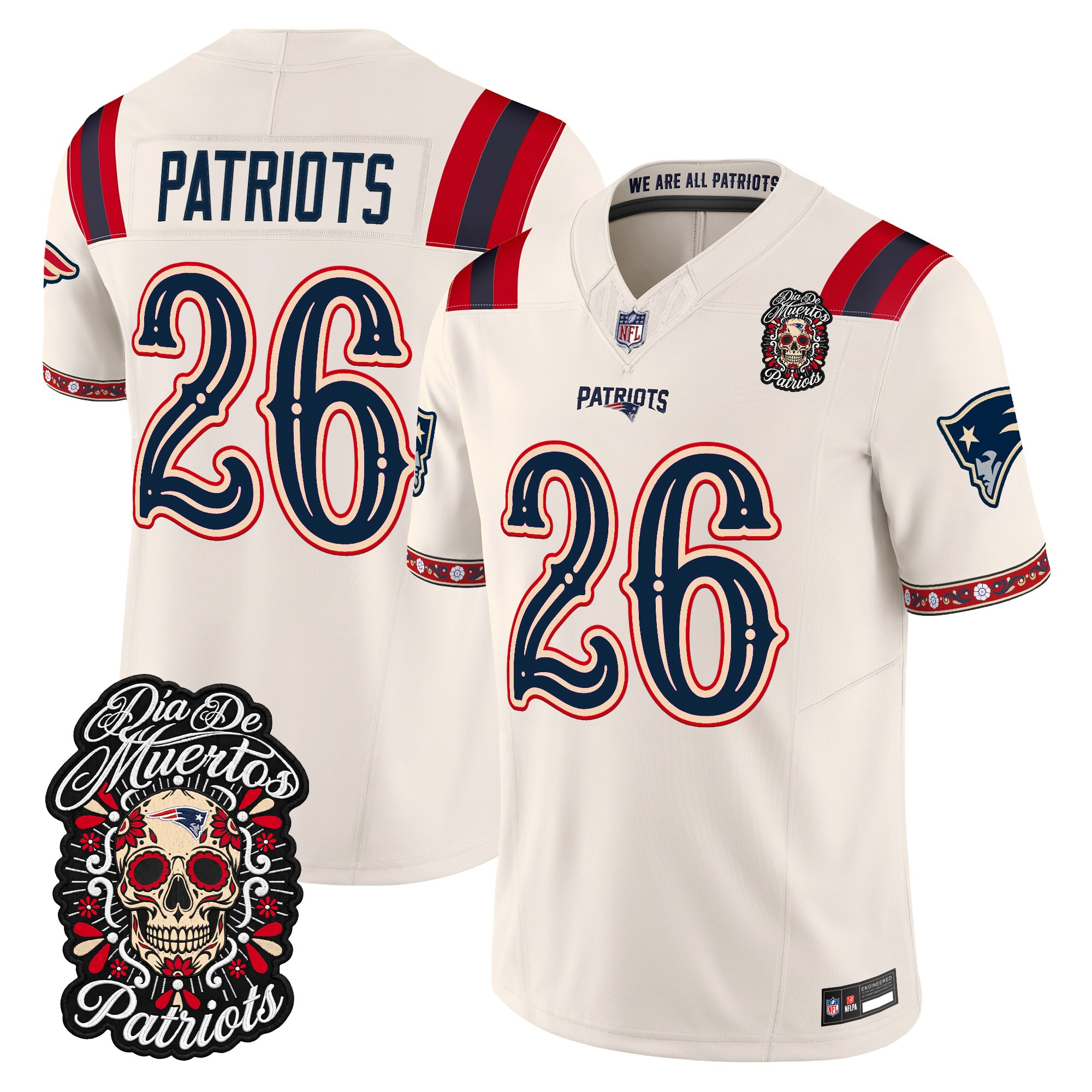 New England Patriots #26 Patriots Dia de los Muertos Vapor Limited Jersey - All Stitched - Bone