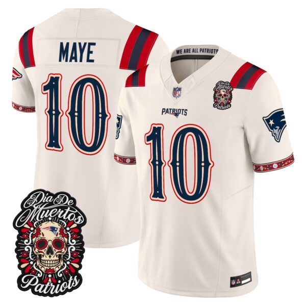 New England Patriots Drake Maye Dia de los Muertos Vapor Limited Jersey - All Stitched - Bone