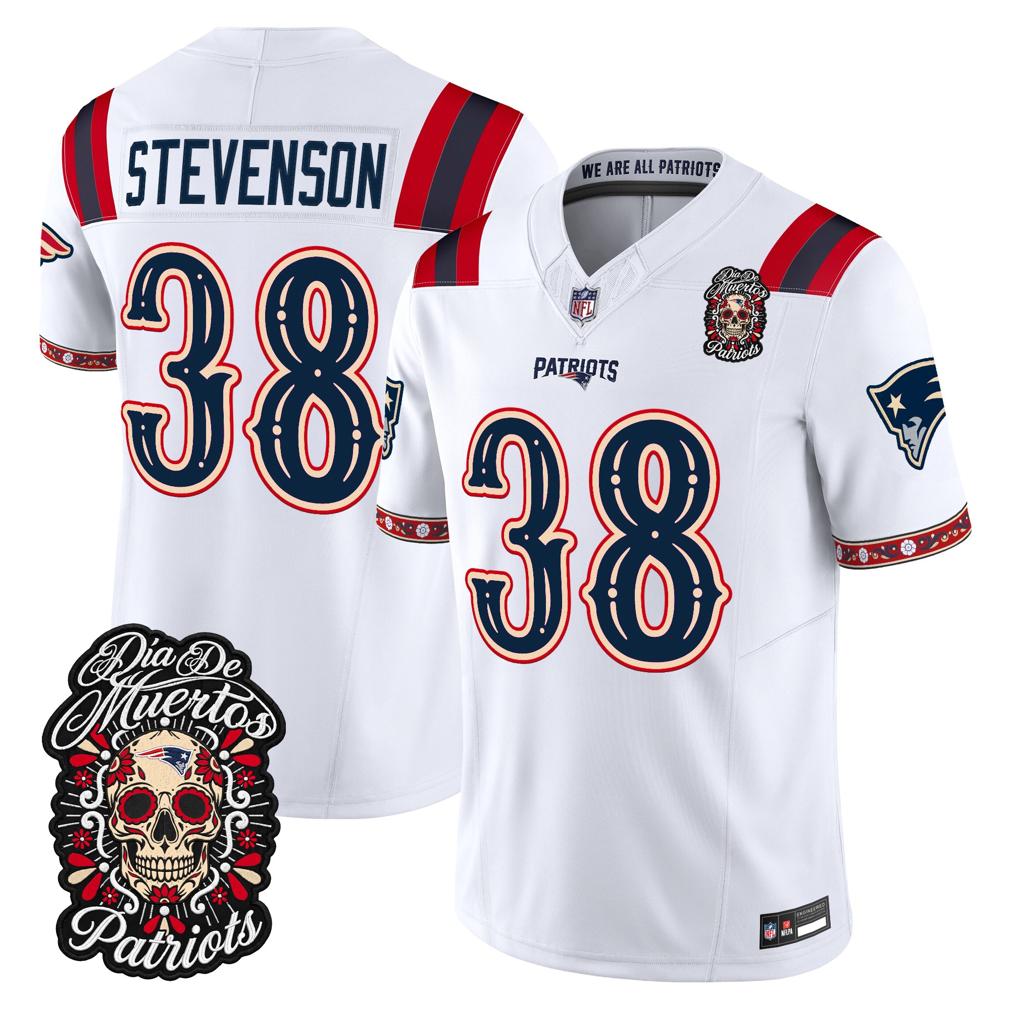 New England Patriots Rhamondre Stevenson Dia de los Muertos Vapor Limited Jersey - All Stitched - White