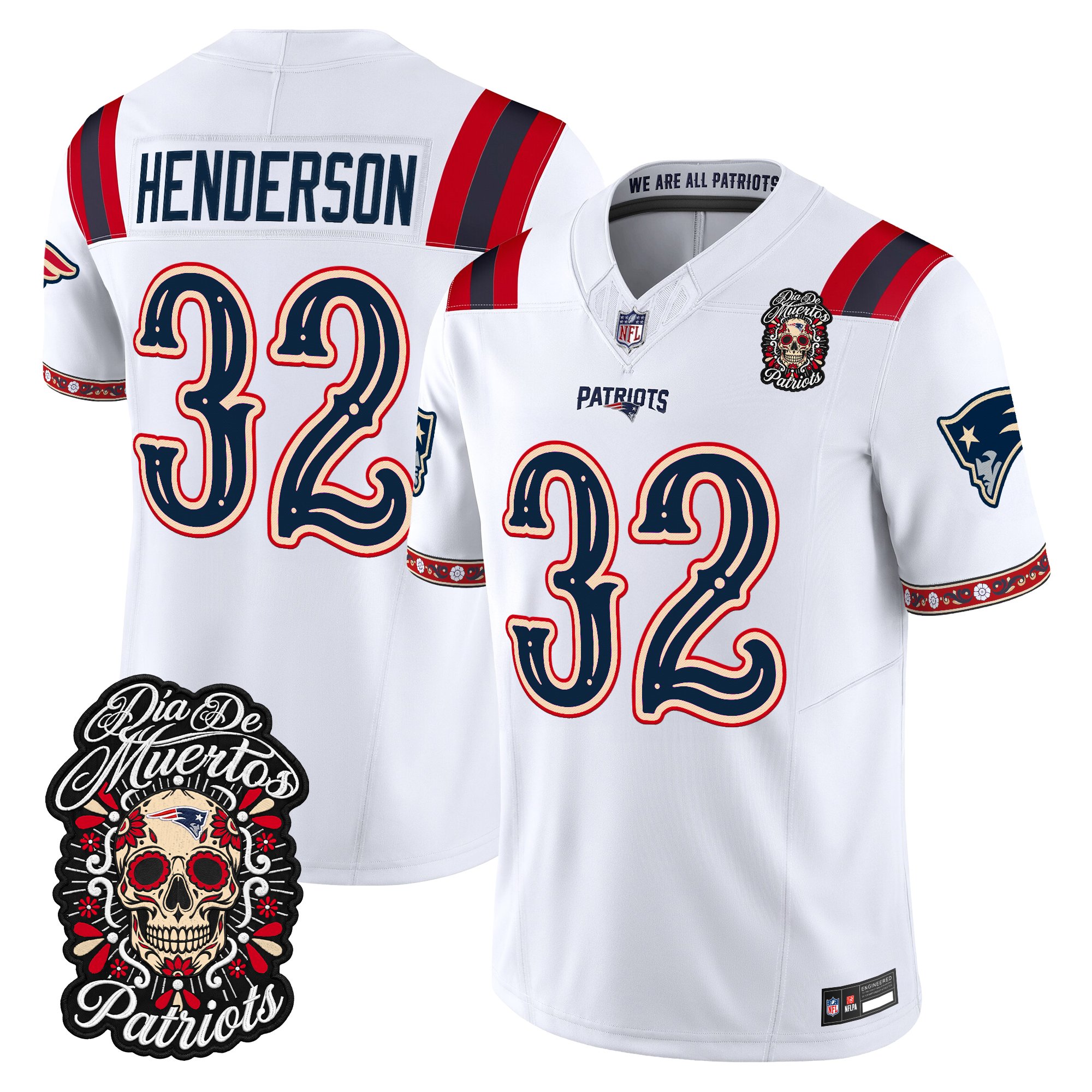 New England Patriots TreVeyon Henderson Dia de los Muertos Vapor Limited Jersey - All Stitched - White