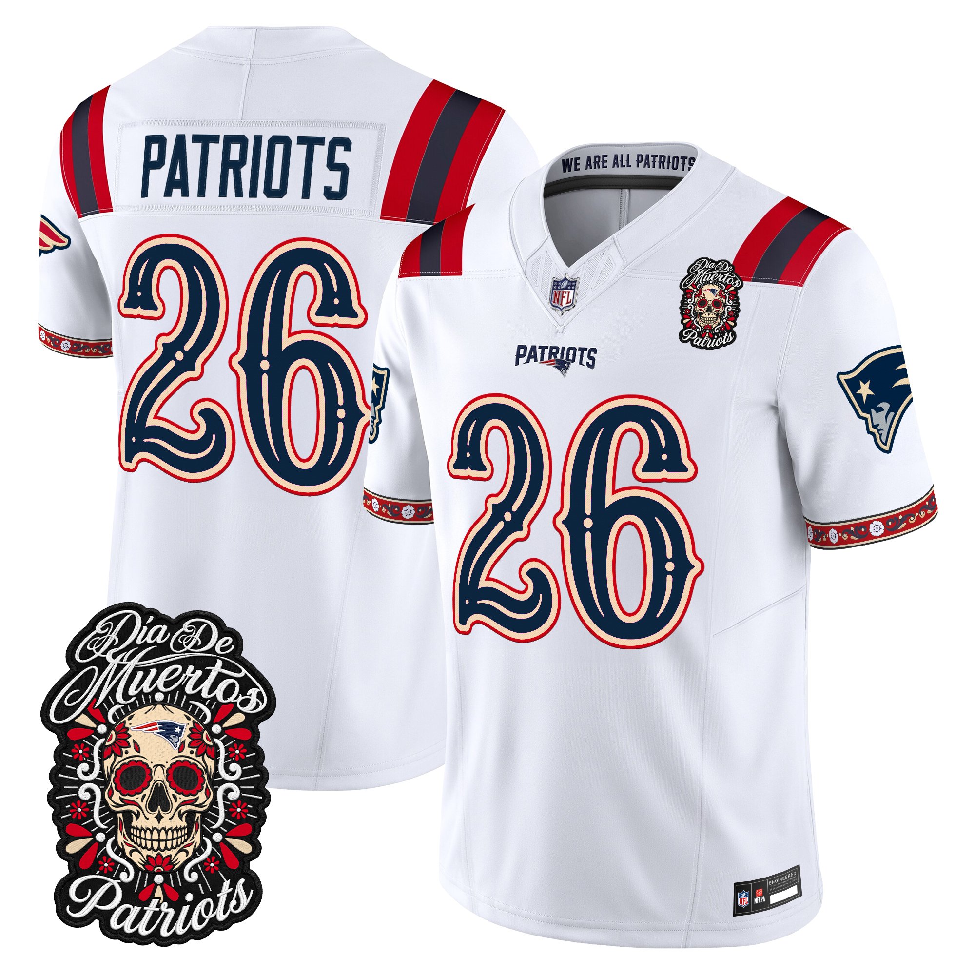 New England Patriots #26 Patriots Dia de los Muertos Vapor Limited Jersey - All Stitched - White