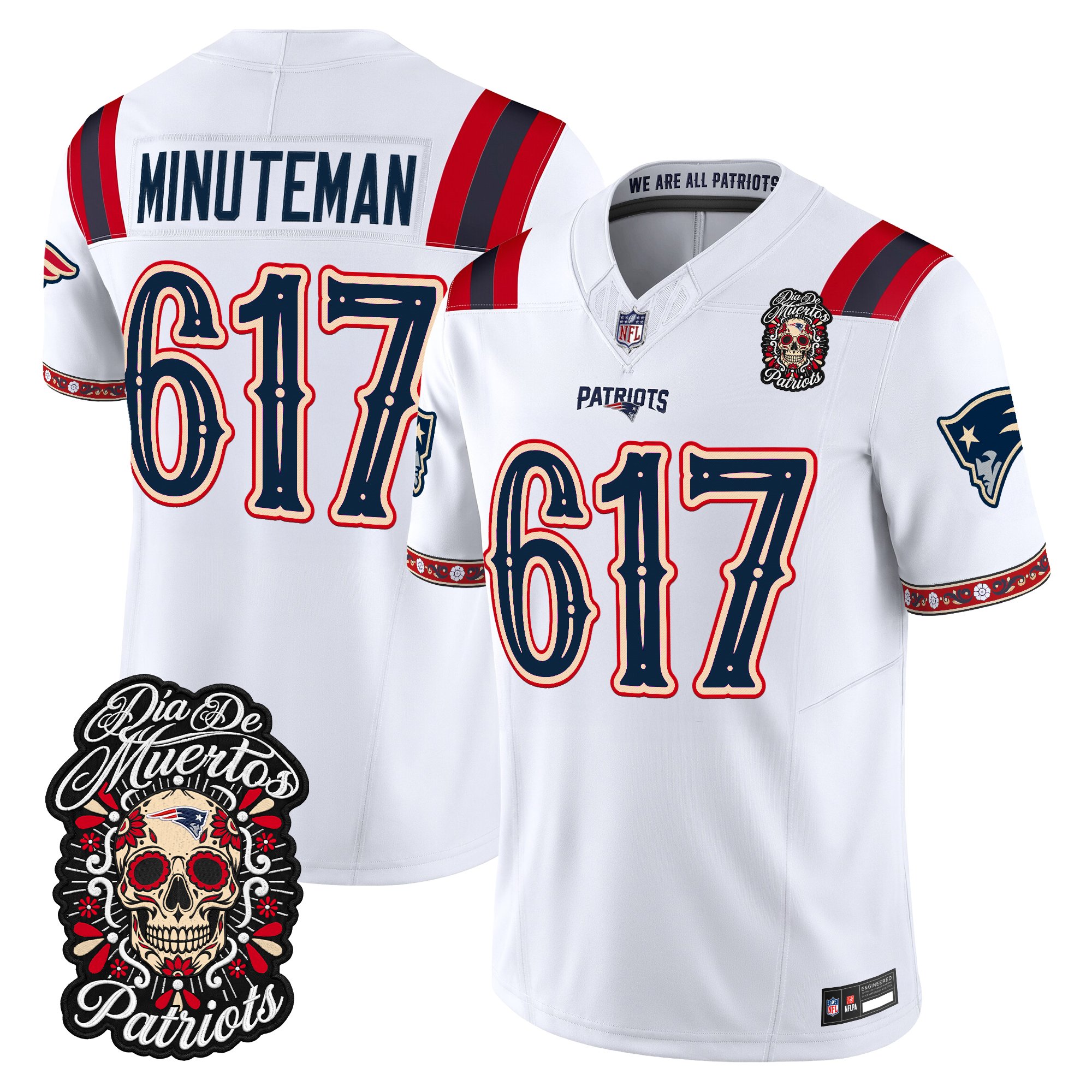 New England Patriots Minuteman 617 Dia de los Muertos Vapor Limited Jersey - All Stitched - White