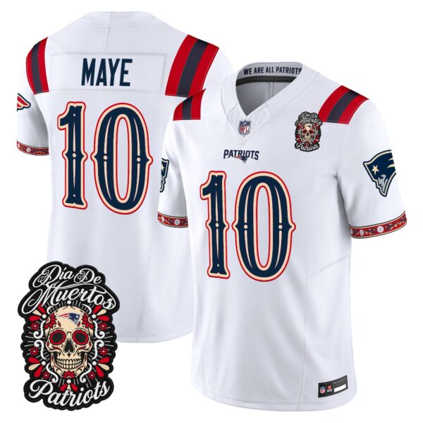 New England Patriots Drake Maye Dia de los Muertos Vapor Limited Jersey - All Stitched - White