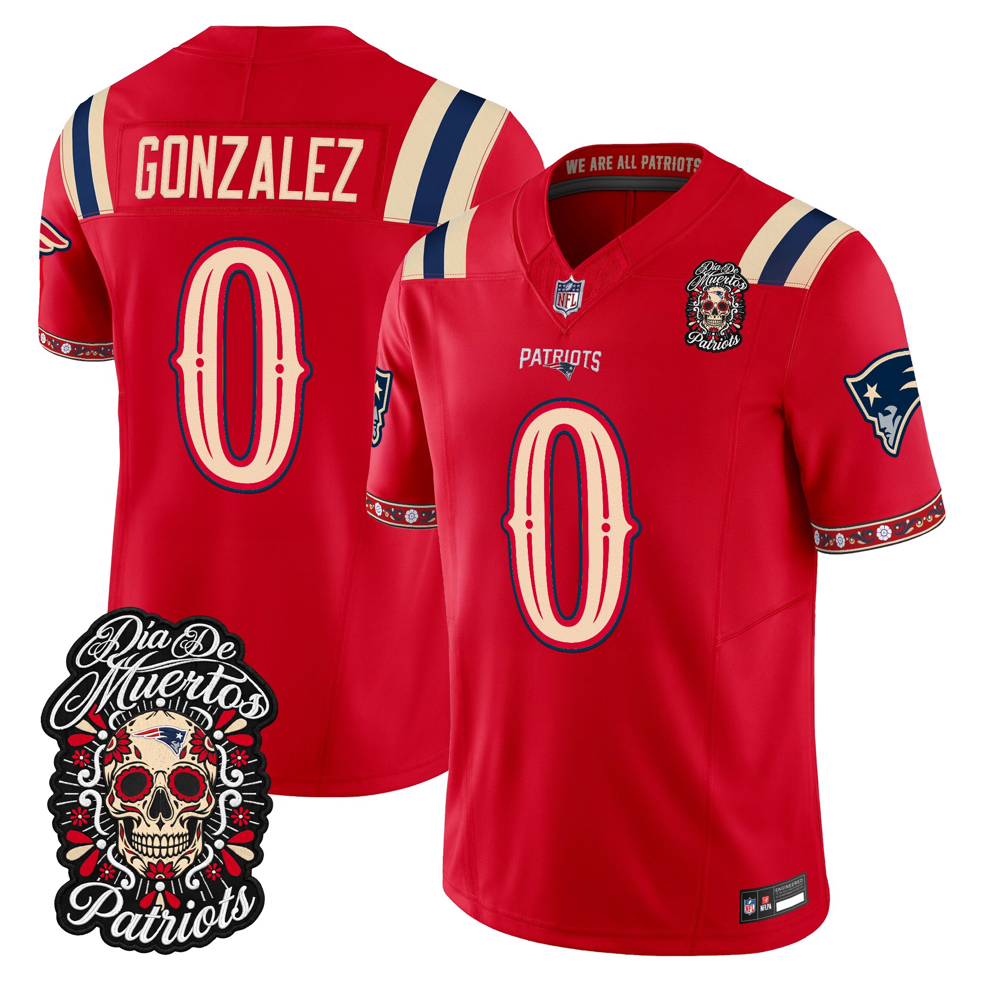 New England Patriots Christian Gonzalez Dia de los Muertos Vapor Limited Jersey - All Stitched - Red