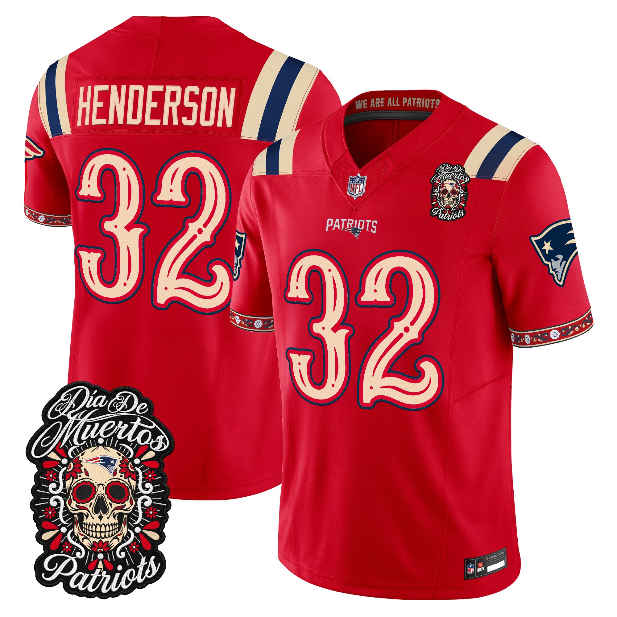 New England Patriots TreVeyon Henderson Dia de los Muertos Vapor Limited Jersey - All Stitched - Red