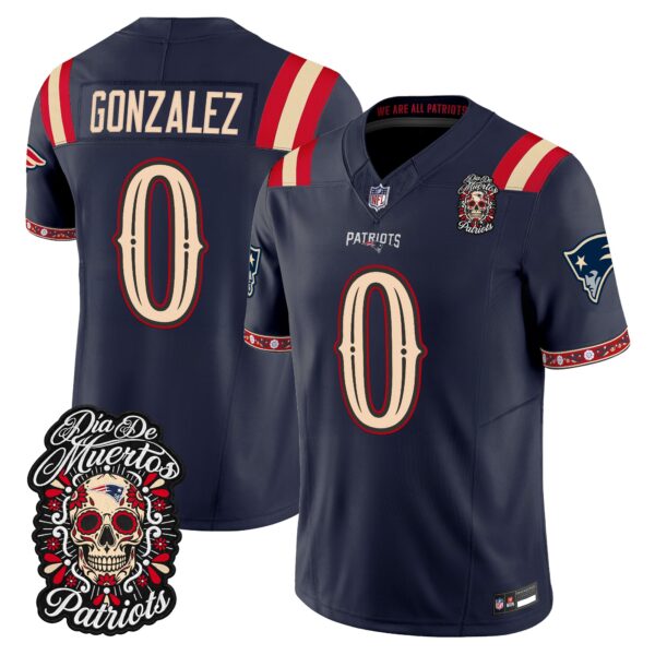 New England Patriots Christian Gonzalez Dia de los Muertos Vapor Limited Jersey - All Stitched - Navy
